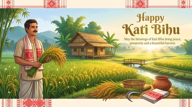 Happy Kati Bihu Festival Celebration Traditional Assamese Harvest Festival and Cultural Greeting  
