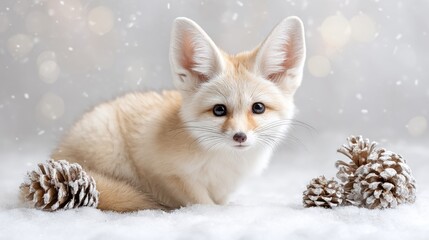 Fototapeta premium Adorable fennec fox cub in winter wonderland with pinecones and glittering ornaments