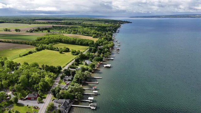 Drone clip showcasing a lake shoreline.