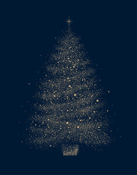 Christmas tree silhouette made of glowing dots on a blue background. Modern holiday symbol for New Year and Christmas greeting cards, banners, and posters.