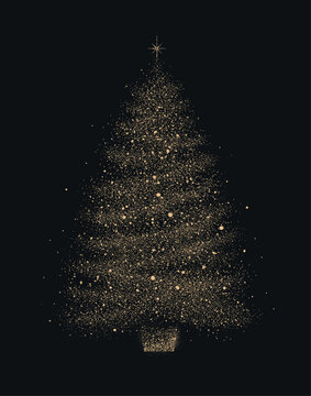 Christmas tree silhouette made of glowing dots on a black background. Modern holiday symbol for New Year and Christmas greeting cards, banners, and posters.