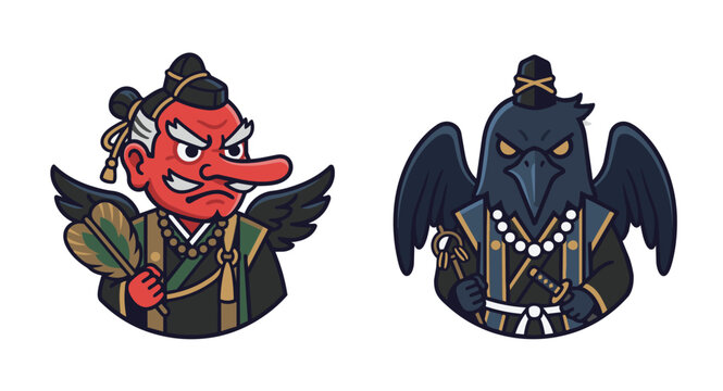 Modern flat vector icons of Japanese Tengu and Karasu Tengu clean lines set