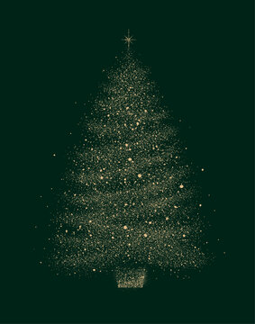 Christmas tree silhouette made of glowing dots on a green background. Modern holiday symbol for New Year and Christmas greeting cards, banners, and posters.