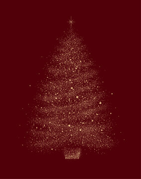 Christmas tree silhouette made of glowing dots on a red background. Modern holiday symbol for New Year and Christmas greeting cards, banners, and posters.
