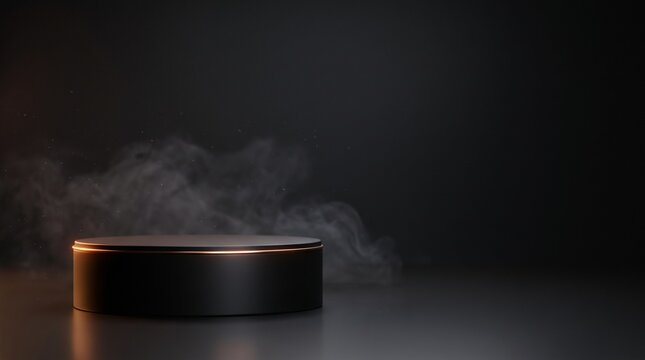 Empty black podium with copper glow and smoke on dark background
