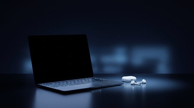 Laptop with blank screen and wireless earbuds on dark blue desk