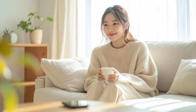 ジタルデトックスでスマホを置いてリラックスする女性