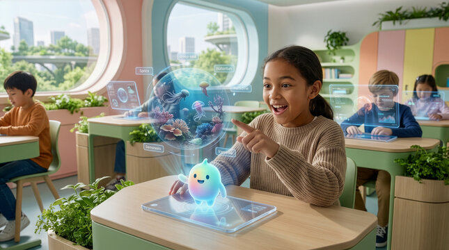 A child in a futuristic classroom, using a personalized AI tutor that adapts its holographic lessons to the child's curiosity. A moment filled with joy and discovery. 