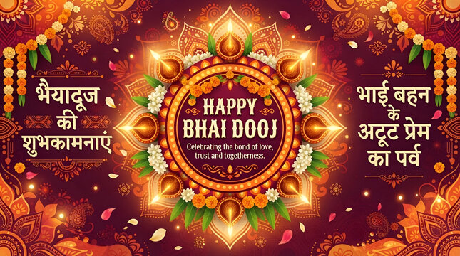 Happy bhai dooj greeting card design with festive mandala pattern lit oil lamps and marigold flowers indian holiday red background festival