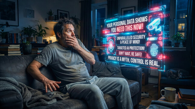 An intrusive holographic advertisement, targeting a highly specific audience, materializes in a person's private living room, catching them off guard. 