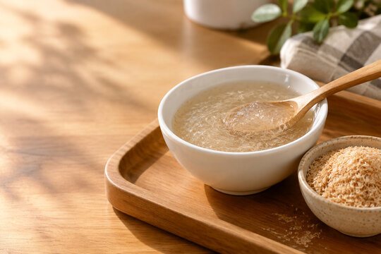 Ceramic dish of psyllium gel on wooden tray with spoon and bowl of golden husks, dietary fiber wellness concept