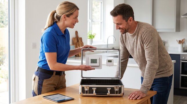 Technician Showing Smart Thermostat Components to a Homeowner