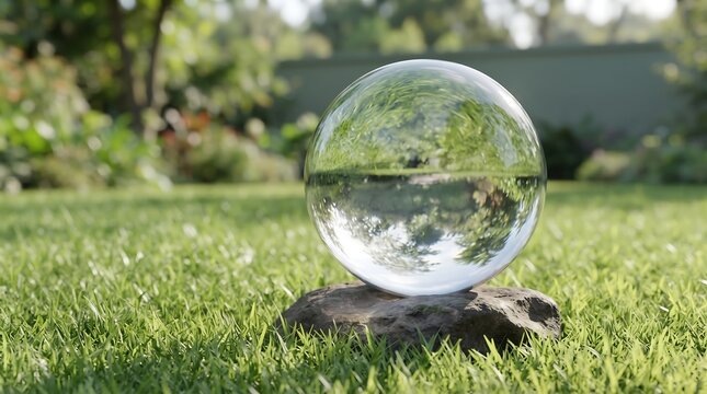Crystal ball on rock in grass reflecting trees and sky, a miniature world captured