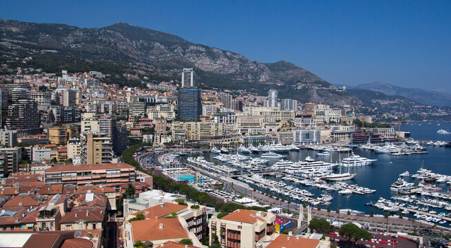 Elevated view of Port Hercule and dense cityscape, Monaco