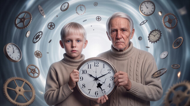 Elderly man and young boy holding broken clock. Conceptual scene about time passage, aging, and generational connection in surreal space.