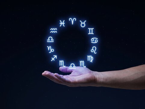 A person holding a glowing circle of astrological zodiac signs in a dark cosmic sky