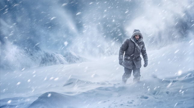 Explorer struggling through intense snowstorm in arctic wilderness. Survival during extreme winter blizzard in remote mountain landscape.