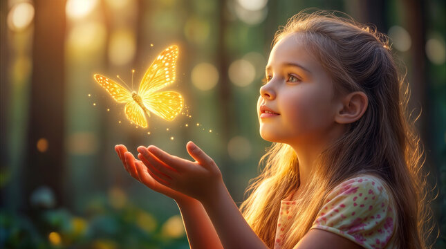 Little girl watching glowing golden butterfly in enchanted forest. Child holding hands out to magical insect in fantasy woodland setting.