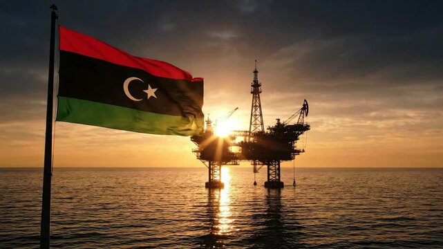Libya National Flag Waving with Offshore Oil Rig Platform in Ocean at Sunrise. AI Generated.