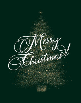 Christmas tree silhouette with lettering made of glowing dots on a green background. Modern holiday symbol for New Year and Christmas greeting cards, banners, and posters.