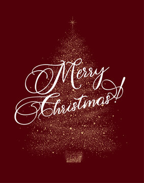 Christmas tree silhouette with lettering made of glowing dots on a red background. Modern holiday symbol for New Year and Christmas greeting cards, banners, and posters.