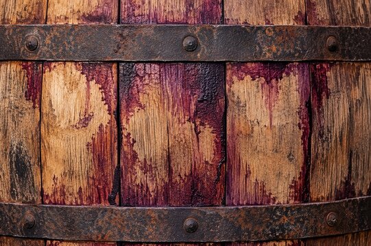 Weathered wooden wine barrel texture with purple stains and rusty iron bands, traditional winemaking and aging concept
