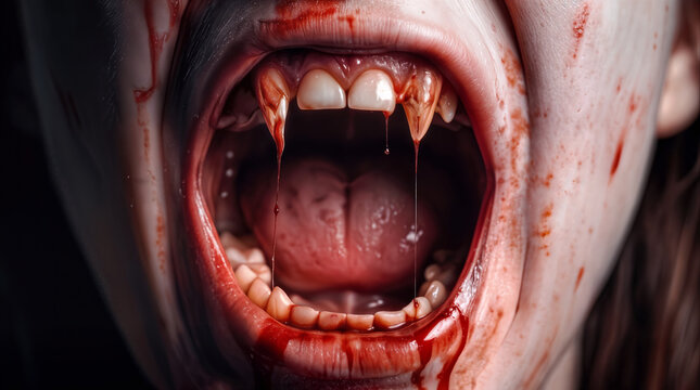 Fangs and bloody mouth of screaming vampire. Horror concept for Halloween and supernatural thriller movies.