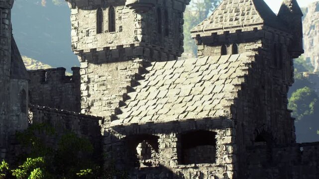 A stunning castle stands tall with its ancient stone walls and towering turrets. Surrounded by lush greenery, the structure reflects sunlight, revealing intricate details of history and architecture.