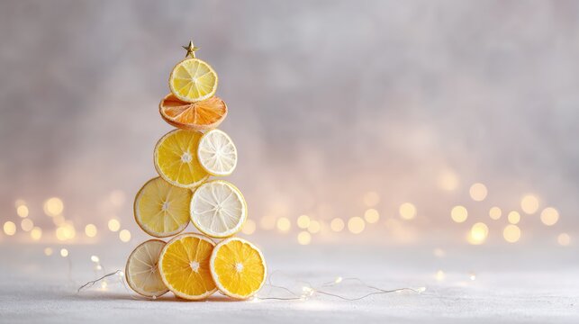 Creative citrus tree made of sliced oranges, lemons, and grapefruits with festive lights