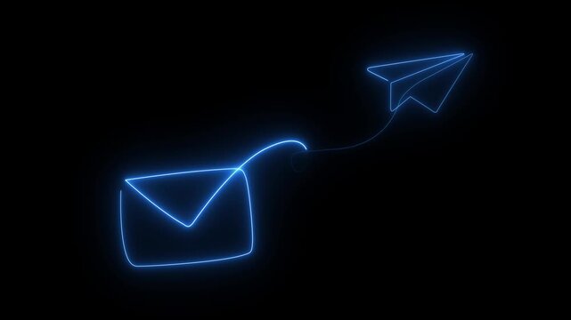 Glowing neon one continuous line drawing of flying Paper plane and mail. Sending Email message and newsletter in simple linear style. Concept of business metaphor and creative idea. 4k animation .