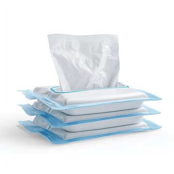 Stack of Wet Wipes in White and Blue Packaging with One Wipe Partially Extended