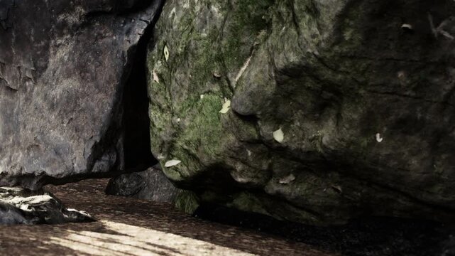 Sunlight filters through tree branches, highlighting the textured surface of moss covered rocks. Leaves fall gently, creating a peaceful atmosphere in a secluded forest setting.
