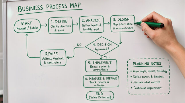 Project manager drawing business process map on whiteboard. Strategic planning for workflow optimization and organizational efficiency.