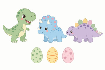 Cute cartoon dinosaurs and colorful eggs adorable prehistoric creatures illustration for childrens books and party invitations isolated on white © Tanzeel