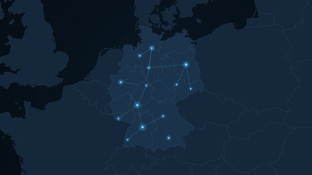 Network of connected cities on a Germany map with glowing data pulses