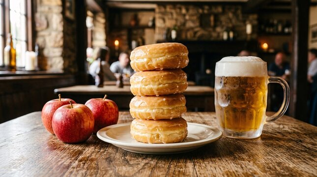 Tall precarious stack of four glazed golden donuts towers beside crisp red apples and a frosty mug of beer on a rustic tavern table.