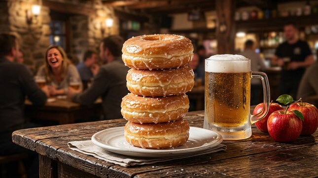 Tall precarious stack of four glazed golden donuts towers beside crisp red apples and a frosty mug of beer on a rustic tavern table.