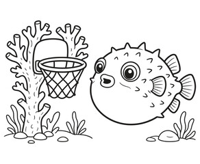Cute puffer fish playing basketball coloring page for kids. © LineVista