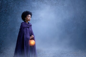 Fototapeta premium Mysterious young woman in purple cloak holding lantern in enchanted forest