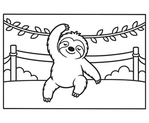 Obraz premium Cute sloth hanging on a branch coloring page for kids.