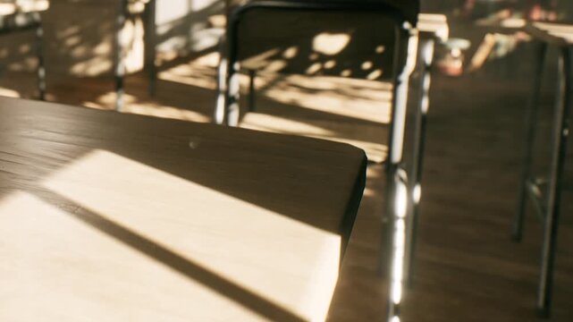 Warm sunlight filters through classroom windows, creating intricate shadows on wooden desks. The serene atmosphere invites learning and reflection in this quiet space.