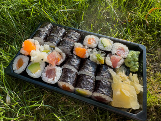 Fresh Maki Sushi Box with Salmon, Tuna and Avocado Enjoyed Outdoors © Animaflora PicsStock