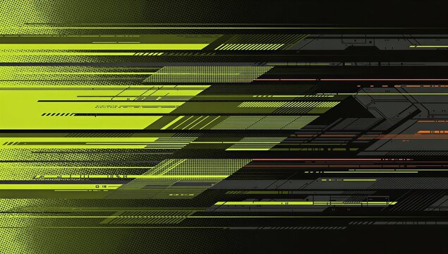 Abstract futuristic neon green and black geometric tech background with speed lines, Cyberpunk dark theme horizontal glitch background with high speed motion graphic