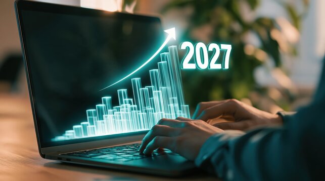 Businessperson hands typing on a laptop with a glowing teal 2027 bar chart and arrow rising from the screen, with a shallow depth of field
