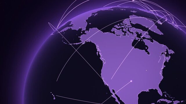 Rotating violet Earth globe with glowing network arcs linking world cities, seamless loop
