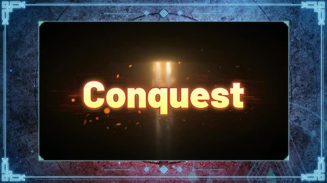 Golden glowing word conquest appearing on dark background with futuristic blue borders with glowing brightly against video golden