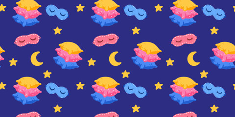Fototapeta premium Seamless pattern with cute pillows and colorful eye masks for restful sleep