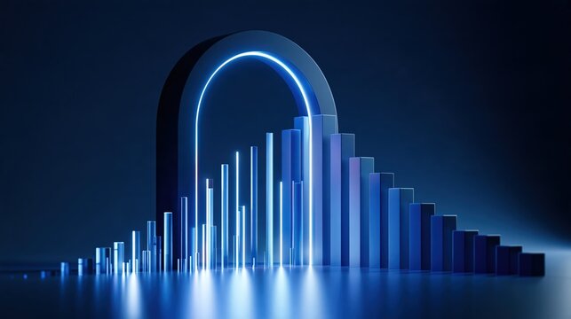 Luminous blue arch above rising glowing bar charts on a dark reflective surface, with a shallow depth of field