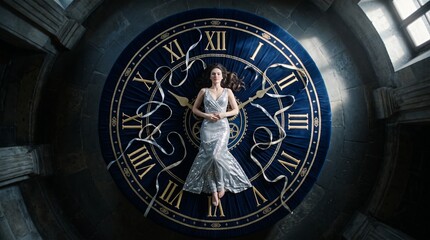 Fototapeta premium Elegant woman in a shimmering silver dress lies gracefully on a giant blue clock face, surrounded by delicate ribbons