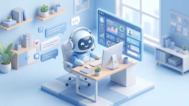 AI customer service chatbot concept 3D isometric illustration with chat bubbles and support dashboard